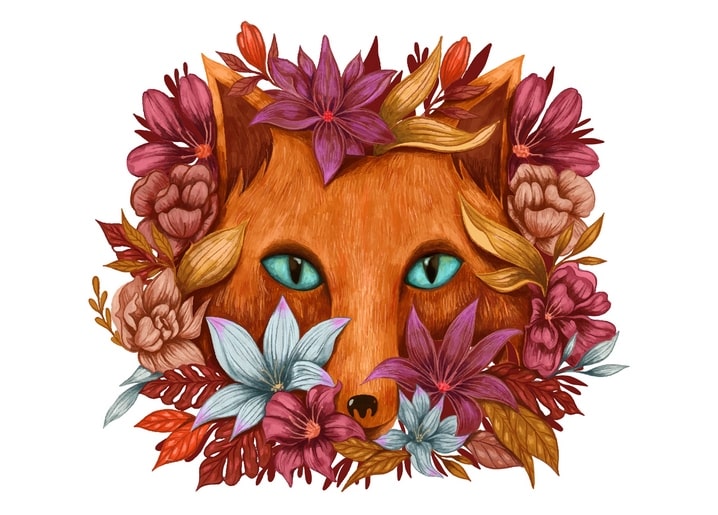 Illustration eines Fuchsgesichts umrahmt von violetten und türkisen Herbstblüten