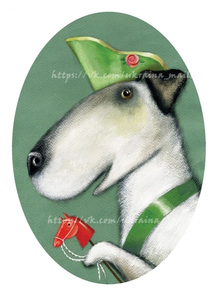 Fox terrier in a green cap with a rose, holding a red toy hobby horse in an oval frame