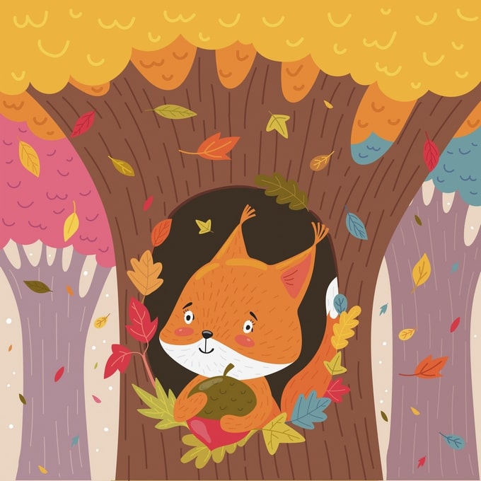 Fuchs schaut aus einer Baumhöhle und hält eine Eichel zwischen buntem Herbstlaub