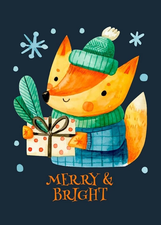 Aquarellfuchs in Wintermütze mit eingepacktem Geschenk zwischen Schneeflocken
