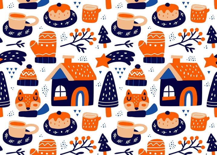 Seamless winter pattern with foxes, gingerbread houses, mittens and cocoa mugs