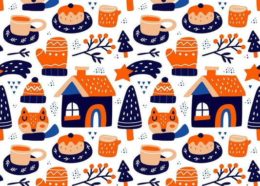 Seamless winter pattern with foxes, gingerbread houses, mittens and cocoa mugs