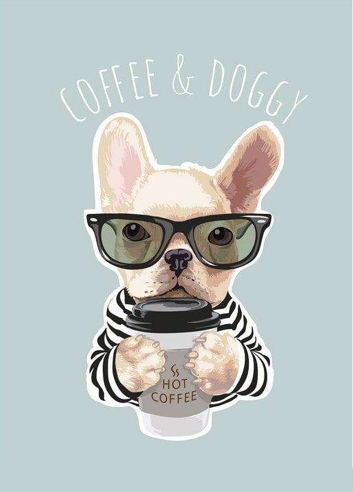 Illustrierte französische Bulldogge mit Brille und Kaffeetasse