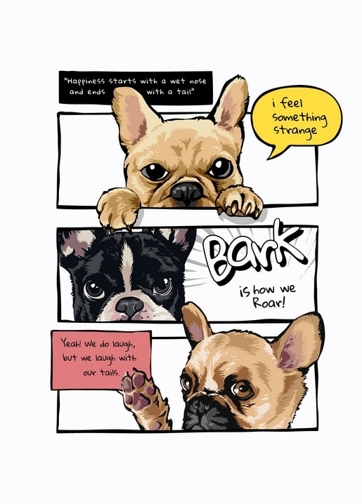 Drei französische Bulldoggen-Welpen in einem schwarz-weißen Comicstrip mit Sprechblasen