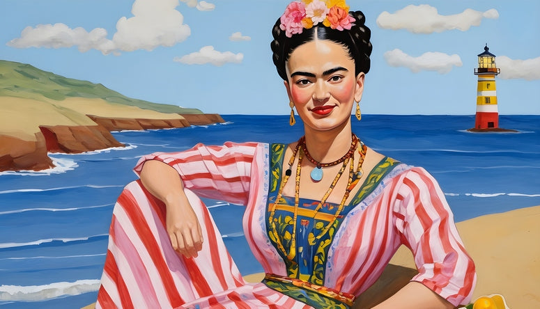 Illustrated Frida Kahlo in a striped dress on the beach with a red lighthouse