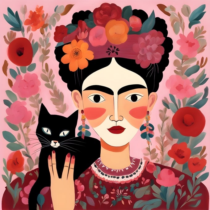 Illustrated postcard of Frida Kahlo holding a black cat amid red and pink flowers