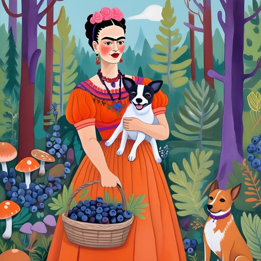 Illustrated Frida Kahlo in a forest holding a puppy and a basket of blueberries