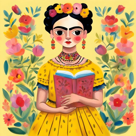 Frida Kahlo illustration in a yellow dress holding a red book among pink flowers