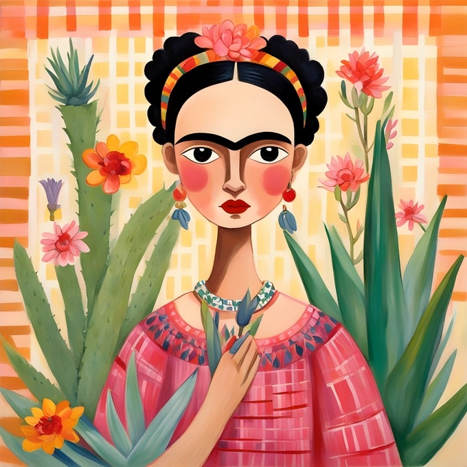 Illustrated postcard of Frida Kahlo in a pink huipil among cacti and agave plants