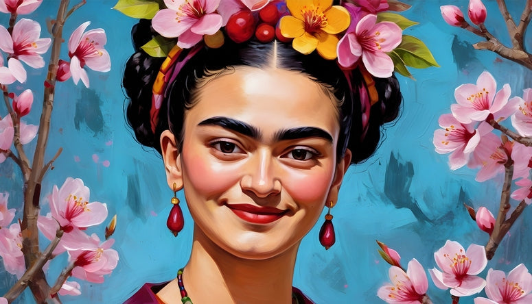 Lächelndes illustriertes Frida-Kahlo-Porträt zwischen Kirschblütenzweigen auf blauem Hintergrund