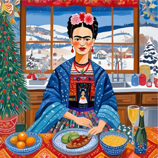 Frida Kahlo illustration at a festive dinner table with a snowy village and Christmas tree
