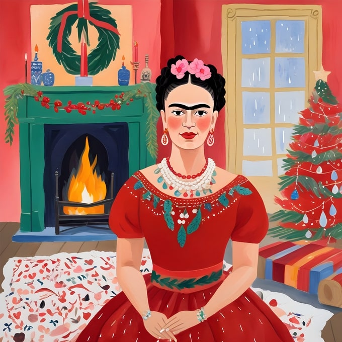 Illustrated Frida Kahlo in a red dress by a decorated fireplace with a Christmas tree and gifts