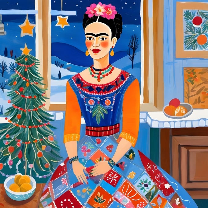 Illustrated postcard of Frida Kahlo beside a Christmas tree in a snowy window scene