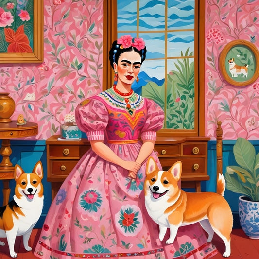 Illustrated Frida Kahlo standing with two corgi dogs in a pink floral-papered room