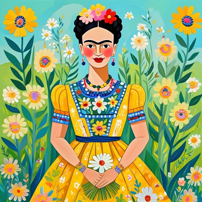 Flat folk-art illustration of Frida Kahlo in a meadow of daisies and sunflowers holding a daisy bouquet