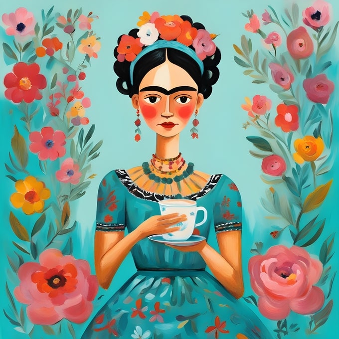 Frida Kahlo portrait holding a teacup, framed by pink, red and yellow flowers on turquoise