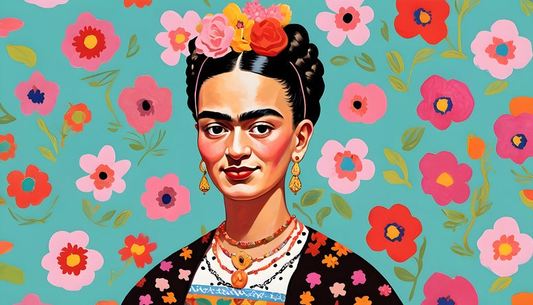 Frida-Kahlo-Porträt mit Blumenkranz vor rosa-roter Blumentapete