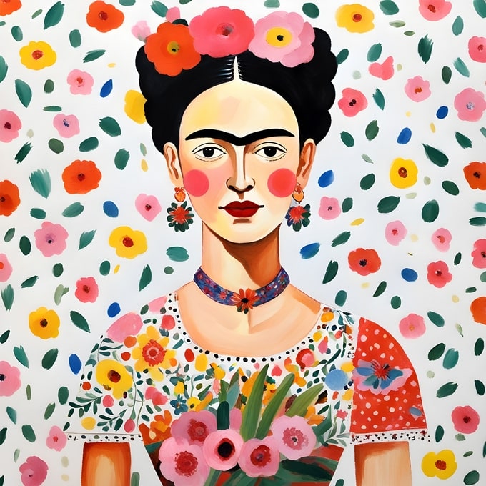 Illustrated portrait of Frida Kahlo holding a pink bouquet against a wall of red, pink and yellow flowers