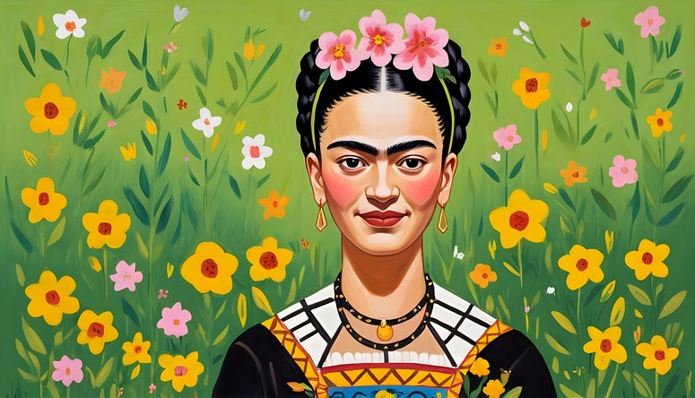 Frida Kahlo auf einer Wiese mit gelben und weißen Wildblumen