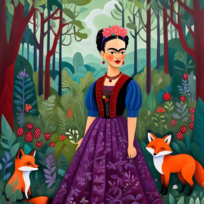 Illustrated postcard of Frida Kahlo in a purple floral skirt with two foxes in a forest