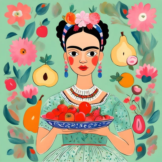 Frida Kahlo holding a bowl of red fruit among pears, oranges and small flowers on green
