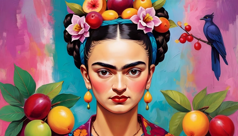 Illustrated Frida Kahlo crowned with tropical fruit, pink blossoms and a bluebird on a pink background