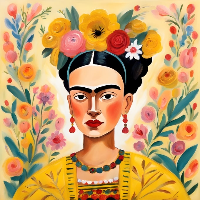 Illustrated postcard of Frida Kahlo in gold with a large yellow and red flower crown