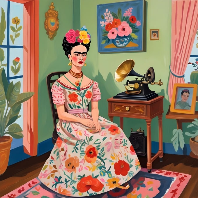 Illustrated portrait of Frida Kahlo seated beside a gramophone in a green floral parlor
