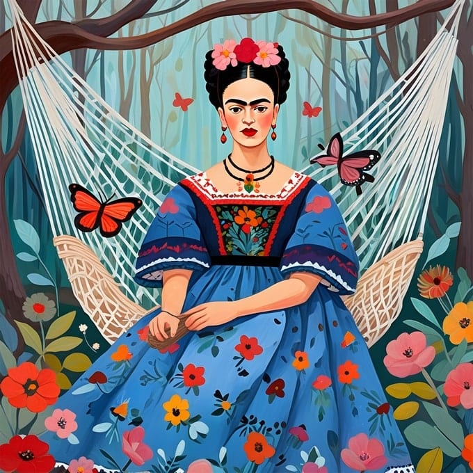 Illustration of Frida Kahlo resting in a forest hammock surrounded by butterflies and wildflowers