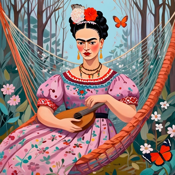 Illustrated Frida Kahlo playing a mandolin in a forest hammock surrounded by butterflies