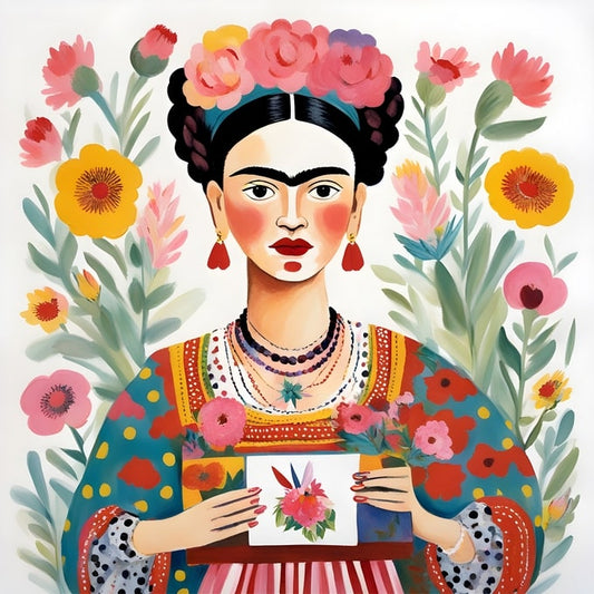 Frida Kahlo in embroidered dress holding a small hand-painted flower card