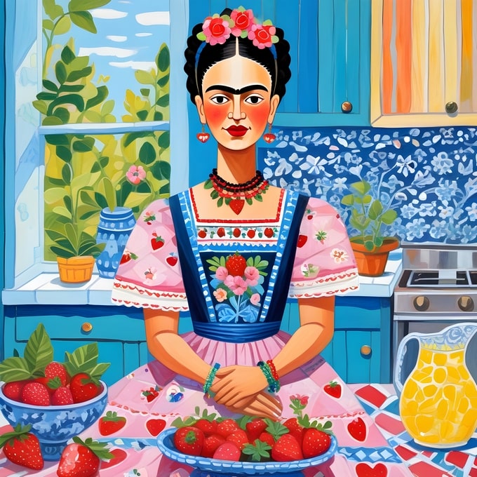 Illustrated postcard of Frida Kahlo in a blue kitchen with strawberries and a lemonade pitcher