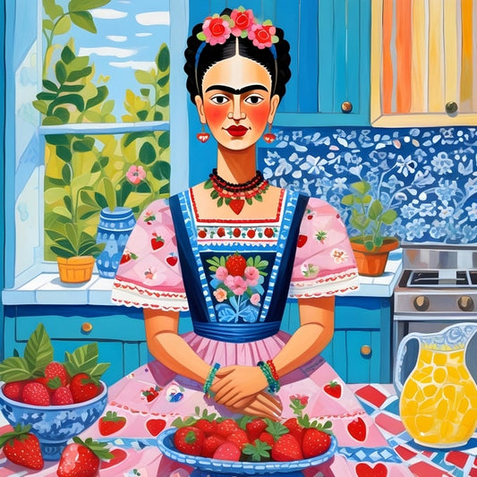 Illustrated postcard of Frida Kahlo in a blue kitchen with strawberries and a lemonade pitcher