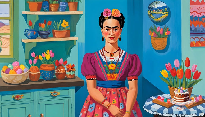 Illustrated Frida Kahlo in a blue kitchen with potted tulips and painted eggs