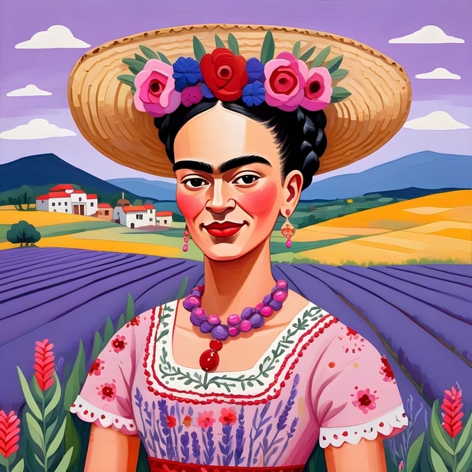 Illustrated Frida Kahlo in a straw hat with roses, standing before a lavender field