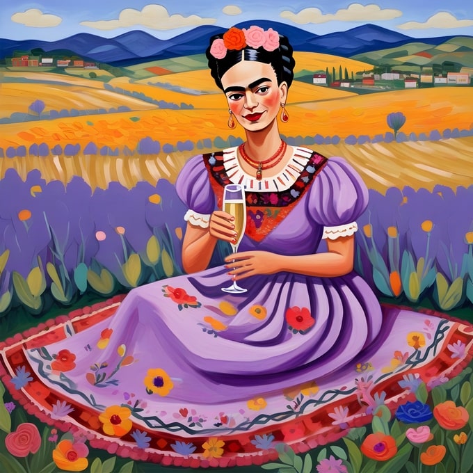 Frida Kahlo sitting in a lavender field with a glass of wine, wheat hills behind her