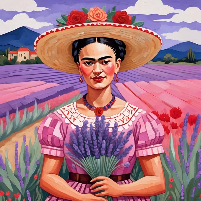Illustrated Frida Kahlo walking through a lavender field in a rose-trimmed straw hat