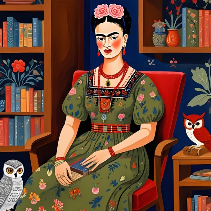 Illustrated Frida Kahlo seated among bookshelves with a snowy owl and a red owl