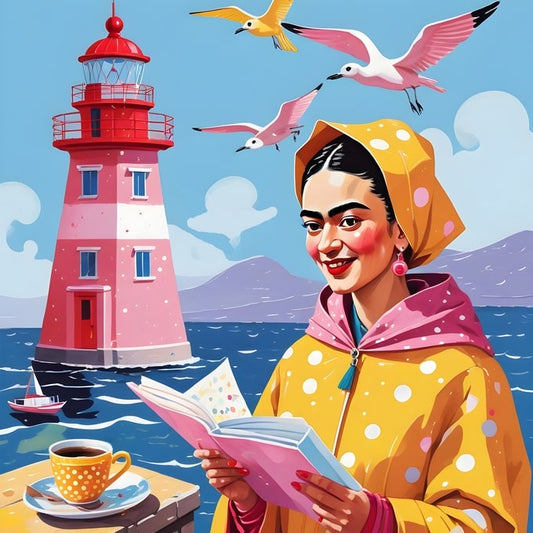 Frida Kahlo reading a book by a red-and-white lighthouse, coffee cup nearby and seagulls flying overhead
