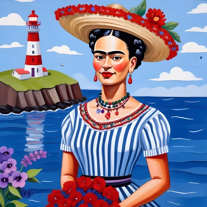 Illustrated Frida Kahlo standing by a red and white striped lighthouse at the seaside