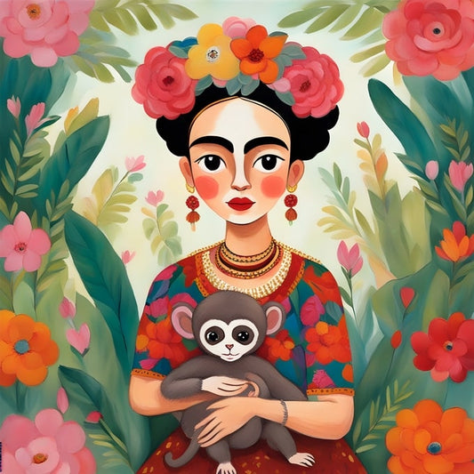 Frida Kahlo holding a small monkey, wearing a crown of roses, surrounded by green leaves