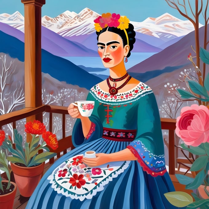 Frida Kahlo holding a teacup on a mountain veranda with snow-capped peaks in the background