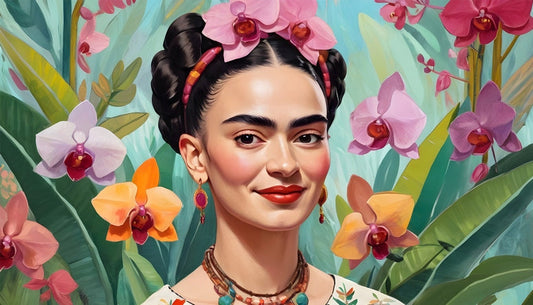 Усміхнений ілюстрований портрет Фріди Кало серед тропічних орхідей і зелені
