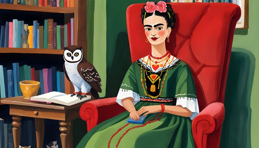 Ілюстрована листівка з Фрідою Кало, совою та книжками в кріслі