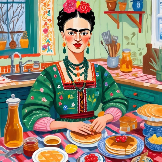 Illustrated Frida Kahlo serving pancakes and jam in a folk-art kitchen