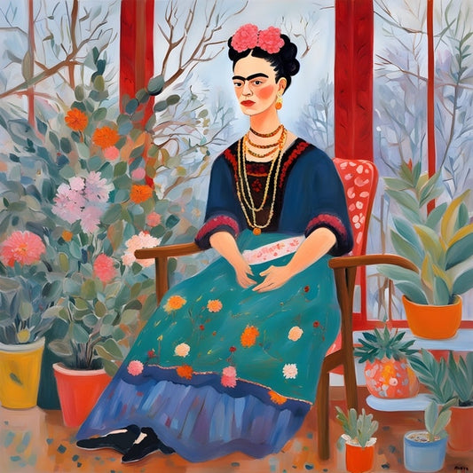 Illustrated Frida Kahlo seated on a patio surrounded by potted plants and red curtains