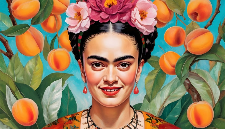 Illustrated Frida Kahlo portrait with a pink flower crown and peach branches on teal background
