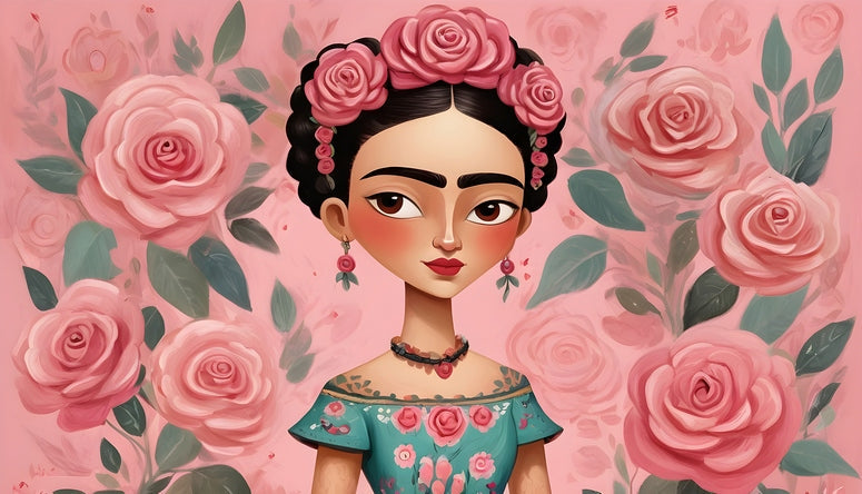 Ілюстрований портрет Фріди Кало в короні з рожевих троянд на ніжно-рожевому тлі