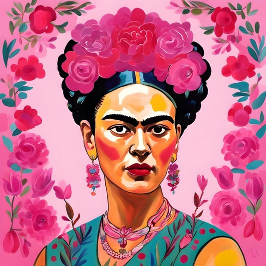 Close-up illustrated portrait of Frida Kahlo crowned with pink roses on a magenta background