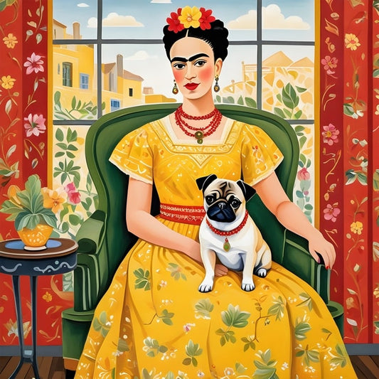 Frida Kahlo seated in a green armchair with her pug, a town view through the window